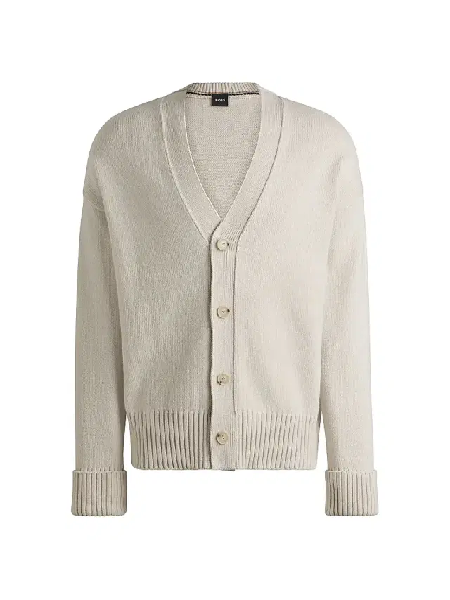 Men's Relaxed-Fit Cardigan with Button Front and Ribbed Cuffs - Open White