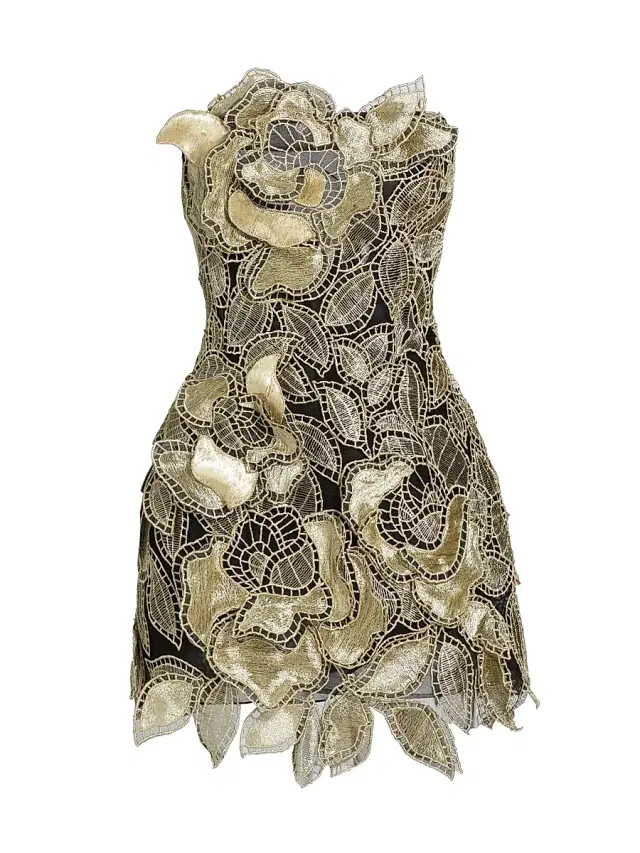 Women's Metallic Floral Embroidered Strapless Minidress - Gold