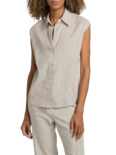Vince Women's Ticking Striped Linen-Blend Blouse - Taupe Wood | Thumbnail 3