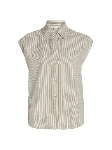 Vince Women's Ticking Striped Linen-Blend Blouse - Taupe Wood | Thumbnail 1