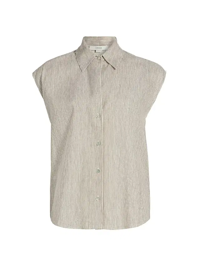 Vince Women's Ticking Striped Linen-Blend Blouse - Taupe Wood
