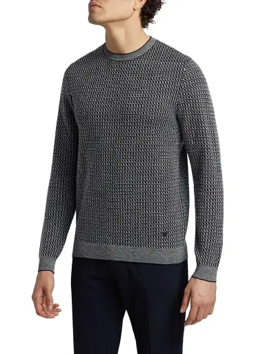 Emporio Armani Men's Geometric Virgin Wool Crewneck Sweater - Navy | Thumbnail 4