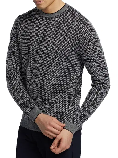 Emporio Armani Men's Geometric Virgin Wool Crewneck Sweater - Navy | Thumbnail 6