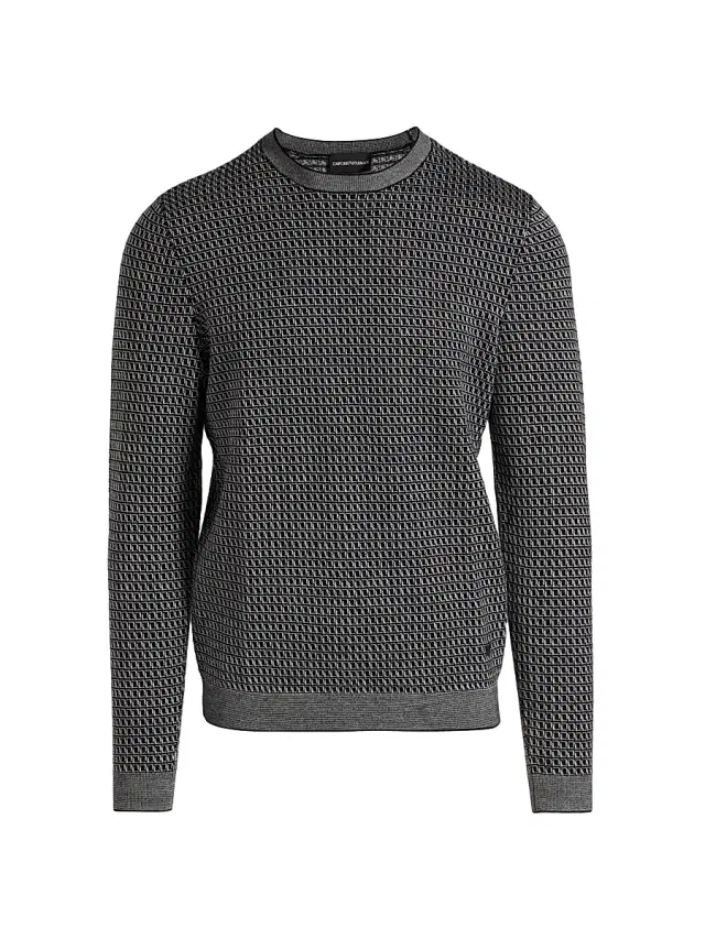 Men's Geometric Virgin Wool Crewneck Sweater - Navy