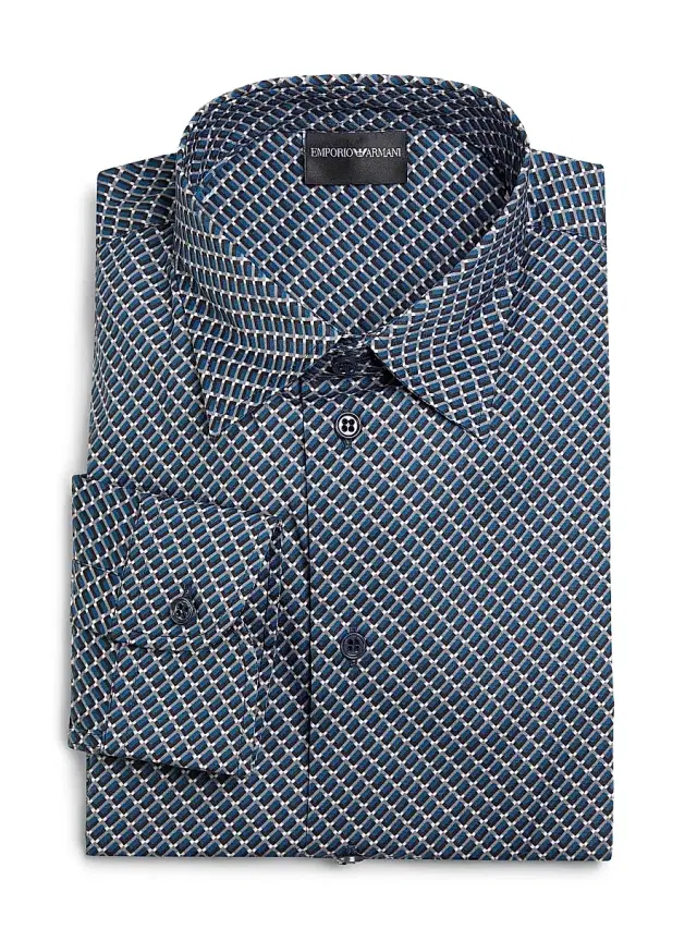 Men's Printed Cotton Poplin Button-Front Shirt - Blue