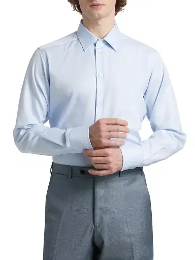 Emporio Armani Men's Textured Solid Cotton Button-Front Shirt - Light Blue | Thumbnail 3
