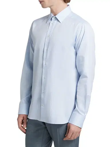Emporio Armani Men's Textured Solid Cotton Button-Front Shirt - Light Blue | Thumbnail 4