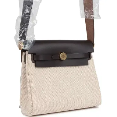 HERMÈS Hermes Herbag Zip 20 Mini Ecru and Beige Toile H Canvas and Ebene Vache Hunter Gold Hardware | Thumbnail 2