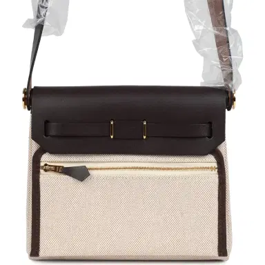HERMÈS Hermes Herbag Zip 20 Mini Ecru and Beige Toile H Canvas and Ebene Vache Hunter Gold Hardware | Thumbnail 4