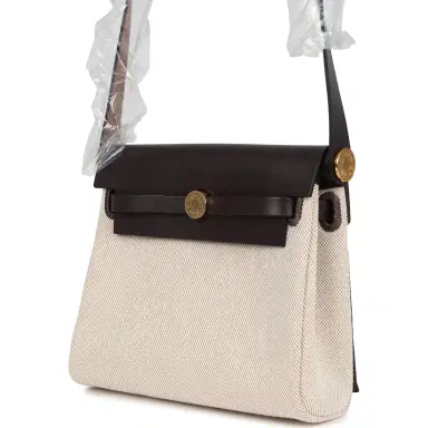 HERMÈS Hermes Herbag Zip 20 Mini Ecru and Beige Toile H Canvas and Ebene Vache Hunter Gold Hardware | Thumbnail 5