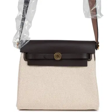 HERMÈS Hermes Herbag Zip 20 Mini Ecru and Beige Toile H Canvas and Ebene Vache Hunter Gold Hardware | Thumbnail 1