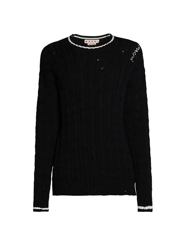 Men's Distressed Cable-Knit Cotton Sweater - Black