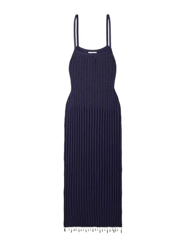 Bead-embellished Ribbed-knit Maxi Dress