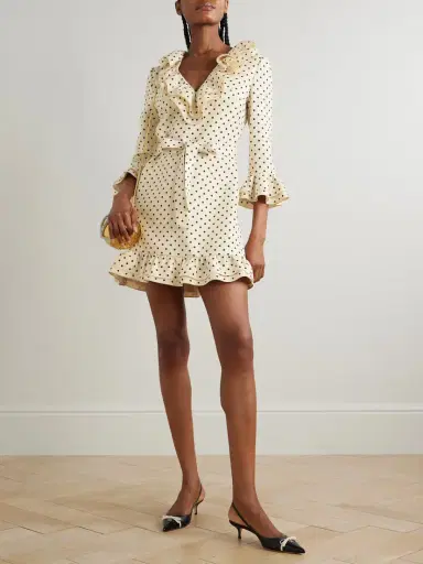Valentino Garavani Belted Ruffled Polka-dot Wool And Silk-blend Mini Dress | Thumbnail 2 Valentino Garavani Belted Ruffled Polka-dot Wool And Silk-blend Mini Dress | Thumbnail 2