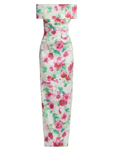 Teri Jon by Rickie Freeman Women's Floral Ruched Off-The-Shoulder Gown - White Multi - Size 12 | Thumbnail 1 Teri Jon by Rickie Freeman Women's Floral Ruched Off-The-Shoulder Gown - White Multi - Size 12 | Thumbnail 1