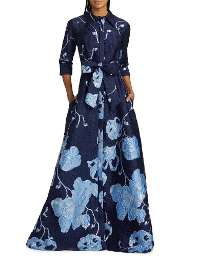 Teri Jon by Rickie Freeman Women's Metallic Jacquard Shirt Gown - Navy Multi | Thumbnail 2