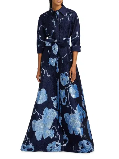 Teri Jon by Rickie Freeman Women's Metallic Jacquard Shirt Gown - Navy Multi | Thumbnail 3