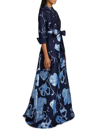 Teri Jon by Rickie Freeman Women's Metallic Jacquard Shirt Gown - Navy Multi | Thumbnail 4