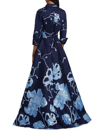 Teri Jon by Rickie Freeman Women's Metallic Jacquard Shirt Gown - Navy Multi | Thumbnail 5