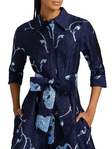 Teri Jon by Rickie Freeman Women's Metallic Jacquard Shirt Gown - Navy Multi | Thumbnail 6