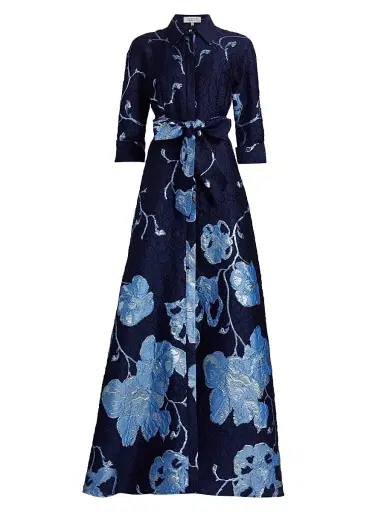 Teri Jon by Rickie Freeman Women's Metallic Jacquard Shirt Gown - Navy Multi | Thumbnail 1
