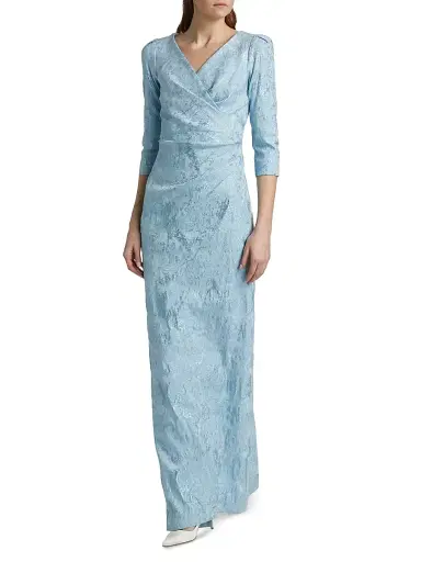 Teri Jon by Rickie Freeman Women's Ruched Metallic Jacquard Gown - Powder Blue Multi | Thumbnail 3