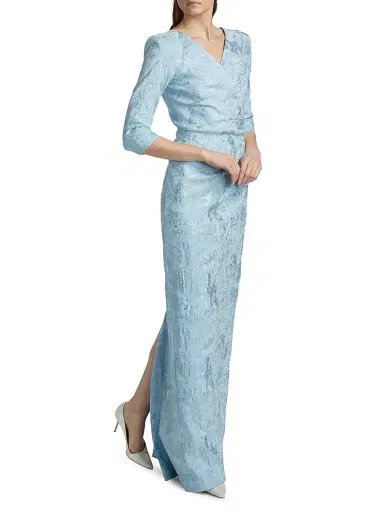 Teri Jon by Rickie Freeman Women's Ruched Metallic Jacquard Gown - Powder Blue Multi | Thumbnail 4