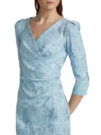 Teri Jon by Rickie Freeman Women's Ruched Metallic Jacquard Gown - Powder Blue Multi | Thumbnail 6