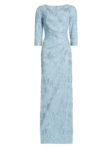 Teri Jon by Rickie Freeman Women's Ruched Metallic Jacquard Gown - Powder Blue Multi | Thumbnail 1