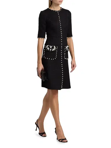 Teri Jon by Rickie Freeman Women's Imitation Pearl-Trimmed Bouclé Cocktail Dress - Black White | Thumbnail 2 Teri Jon by Rickie Freeman Women's Imitation Pearl-Trimmed Bouclé Cocktail Dress - Black White | Thumbnail 2