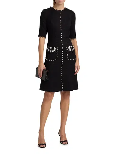 Teri Jon by Rickie Freeman Women's Imitation Pearl-Trimmed Bouclé Cocktail Dress - Black White | Thumbnail 3 Teri Jon by Rickie Freeman Women's Imitation Pearl-Trimmed Bouclé Cocktail Dress - Black White | Thumbnail 3