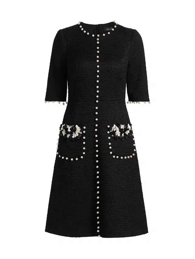Teri Jon by Rickie Freeman Women's Imitation Pearl-Trimmed Bouclé Cocktail Dress - Black White