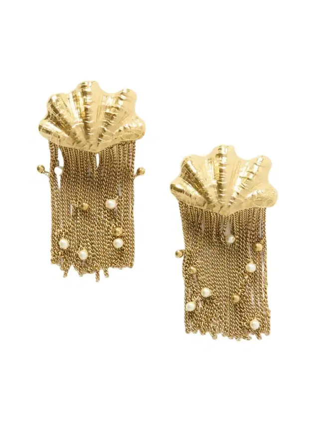 Shells Fringed Gold-tone Faux Pearl Clip Earrings