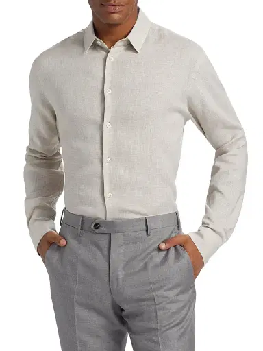Giorgio Armani Men's Solid Linen Classic Shirt - Light Grey Tan - Size 16.5 | Thumbnail 3
