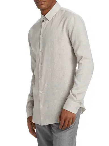 Giorgio Armani Men's Solid Linen Classic Shirt - Light Grey Tan - Size 16.5 | Thumbnail 4