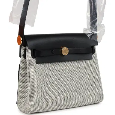 HERMÈS Hermes Herbag Zip 20 Mini Ecru and Black Toile H Canvas and Black Vache Hunter Gold Hardware | Thumbnail 2 HERMÈS Hermes Herbag Zip 20 Mini Ecru and Black Toile H Canvas and Black Vache Hunter Gold Hardware | Thumbnail 2