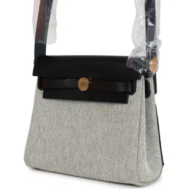 HERMÈS Hermes Herbag Zip 20 Mini Ecru and Black Toile H Canvas and Black Vache Hunter Gold Hardware | Thumbnail 3 HERMÈS Hermes Herbag Zip 20 Mini Ecru and Black Toile H Canvas and Black Vache Hunter Gold Hardware | Thumbnail 3
