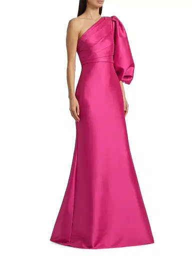 Badgley Mischka Women's Mikado Twill One-Shoulder Gown - Hot Fuchsia | Thumbnail 4 Badgley Mischka Women's Mikado Twill One-Shoulder Gown - Hot Fuchsia | Thumbnail 4