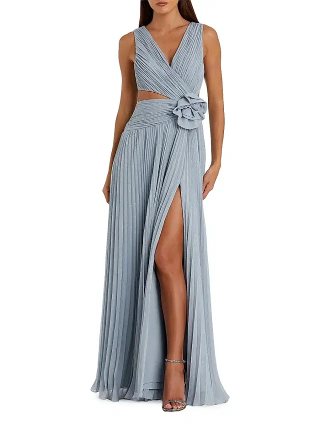 Mac Duggal Women's Ieena Rosette Pleated Chiffon V-Neck Gown - Slate Blue
