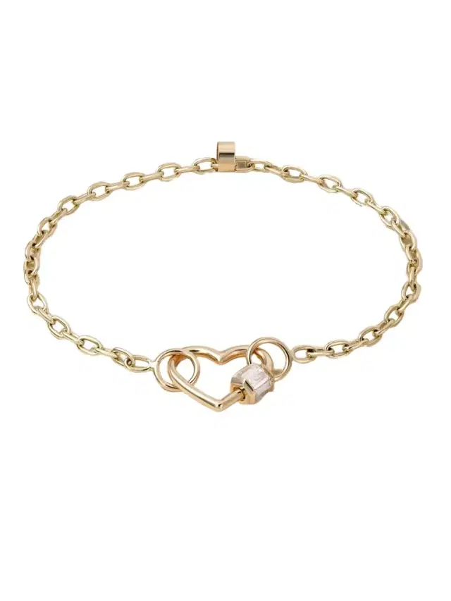 Marla Aaron Baguette Baby Heart Lock + Pulley Chain 14-karat Gold Diamond Bracelet