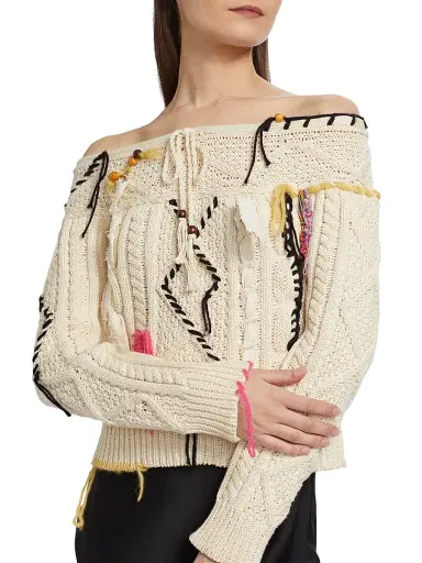 LINGUA FRANCA Women's Vaggelis Cable-Knit Off-The-Shoulder Sweater | Thumbnail 6 LINGUA FRANCA Women's Vaggelis Cable-Knit Off-The-Shoulder Sweater | Thumbnail 6