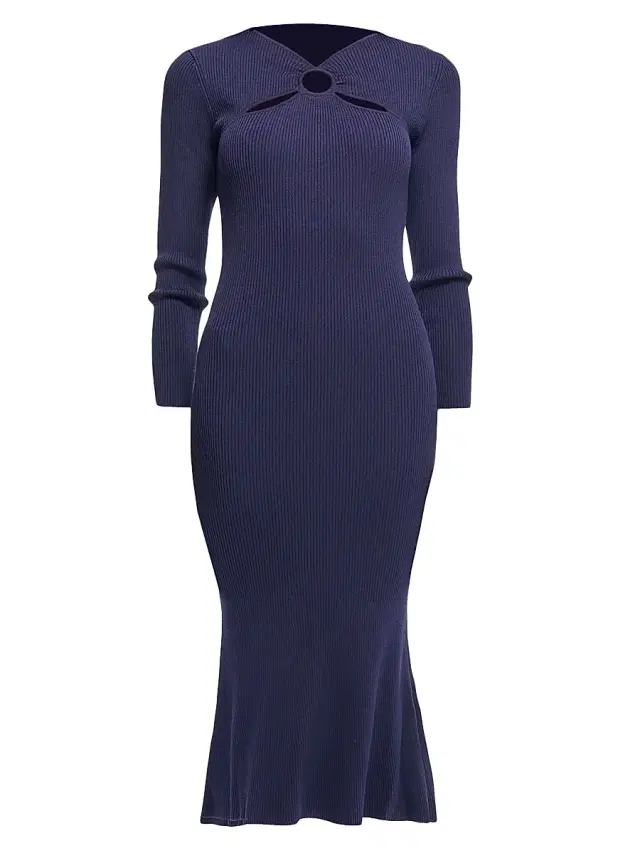 Shoshanna Women's Aston Rib-Knit Cut-Out Crewneck Midi-Dress - Navy