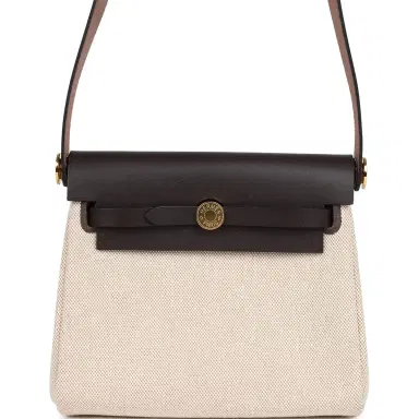 HERMÈS Hermes Herbag Zip 20 Mini Ecru and Beige Toile H Canvas and Ebene Vache Hunter Gold Hardware | Thumbnail 1 HERMÈS Hermes Herbag Zip 20 Mini Ecru and Beige Toile H Canvas and Ebene Vache Hunter Gold Hardware | Thumbnail 1