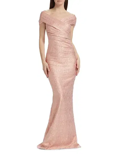 Teri Jon by Rickie Freeman Women's Metallic Jacquard Off-the-Shoulder Gown - Rose Gold | Thumbnail 2