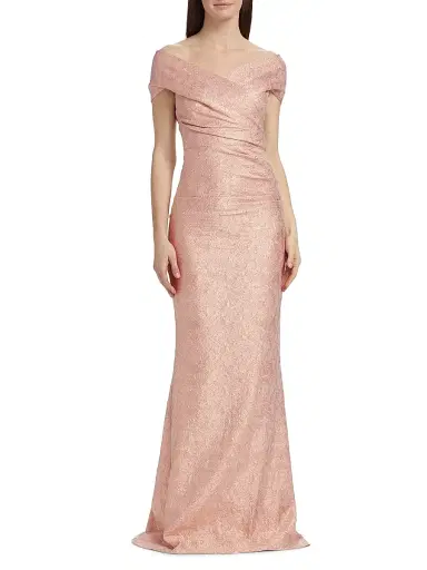 Teri Jon by Rickie Freeman Women's Metallic Jacquard Off-the-Shoulder Gown - Rose Gold | Thumbnail 3