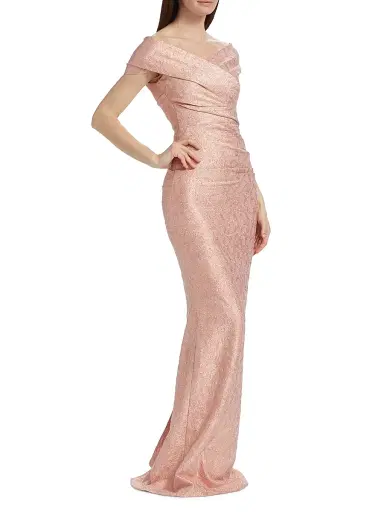 Teri Jon by Rickie Freeman Women's Metallic Jacquard Off-the-Shoulder Gown - Rose Gold | Thumbnail 4