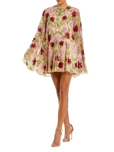 Mac Duggal Women's Cocktail Embellished Floral Mesh Cape Minidress - Beige Multi - Size 14 | Thumbnail 1
