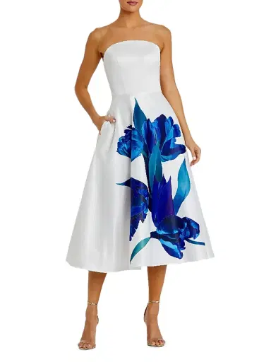 Mac Duggal Women's Cocktail Floral Satin Strapless Midi-Dress - Cream Multi - Size 14 | Thumbnail 1 Mac Duggal Women's Cocktail Floral Satin Strapless Midi-Dress - Cream Multi - Size 14 | Thumbnail 1