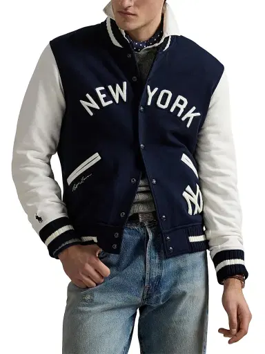 Polo Ralph Lauren Men's Yankees Fleece Bomber Jacket - Aviator Navy Deckwash White | Thumbnail 4 Polo Ralph Lauren Men's Yankees Fleece Bomber Jacket - Aviator Navy Deckwash White | Thumbnail 4
