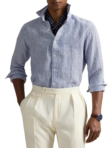 Polo Ralph Lauren Men's Classic Fit Striped Linen Shirt - Royal Blue White | Thumbnail 3 Polo Ralph Lauren Men's Classic Fit Striped Linen Shirt - Royal Blue White | Thumbnail 3